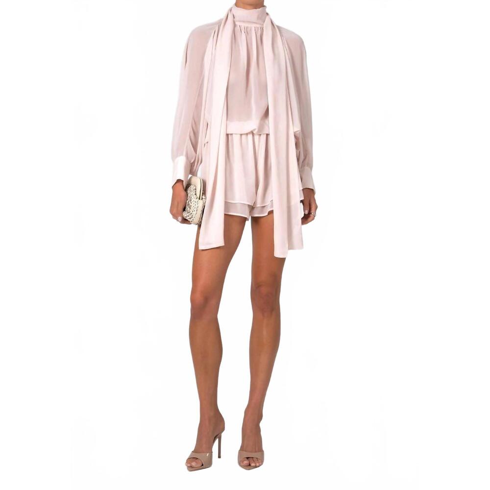 Elegant Blush Pink Satin Romper with Matching Drape Scarf